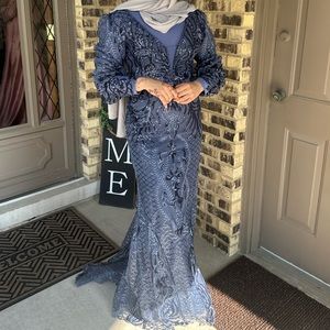 Navy blue long sleeve evening dress
